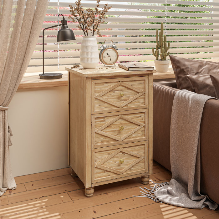 Union Rustic Jermu Farmhouse 3Drawer Nightstand, Woven Seagrass End